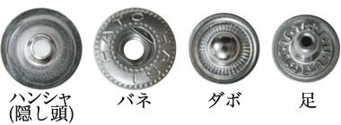 バネホックNo5隠し頭(ハンシャ)ニッケル鍍金の各パーツ名称と寸法サイズ